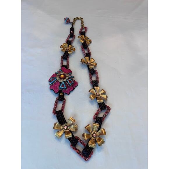 Mary Frances Belt Necklace Boho Beaded Flowers Adjustable Link Vintage 90s - Picture 4 of 8